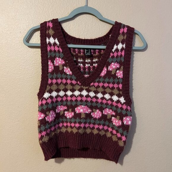 Brown and Pink Shroom Mushroom Forever 21 Soft Knot Sweater Vest Retro Style - Picture 1 of 8